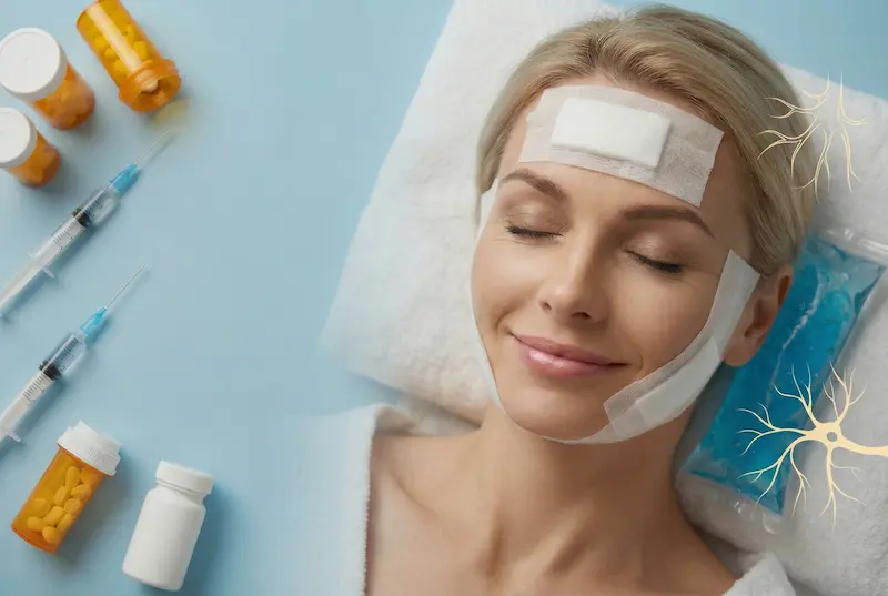 A serene woman with post-surgical bandages uses a cold compress for facelift pain management, surrounded by medication bottles, syringes, and nerve illustrations on a blue surface.