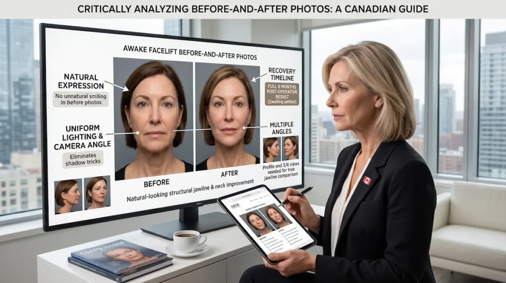 Awake facelift before and after photo analysis guide showing a Canadian patient reviewing lighting, angles and timing.