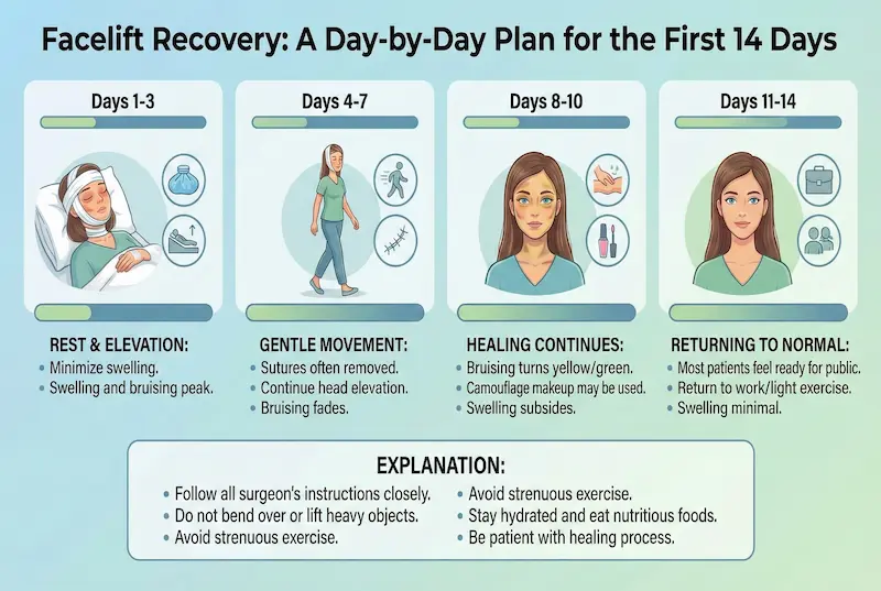 Facelift recovery timeline infographic showing a day-by-day plan for the first 14 days—Days 1–3 rest and elevation, Days 4–7 gentle movement, Days 8–10 healing continues, Days 11–14 return to normal—how to speed up facelift recovery with surgeon-led aftercare.