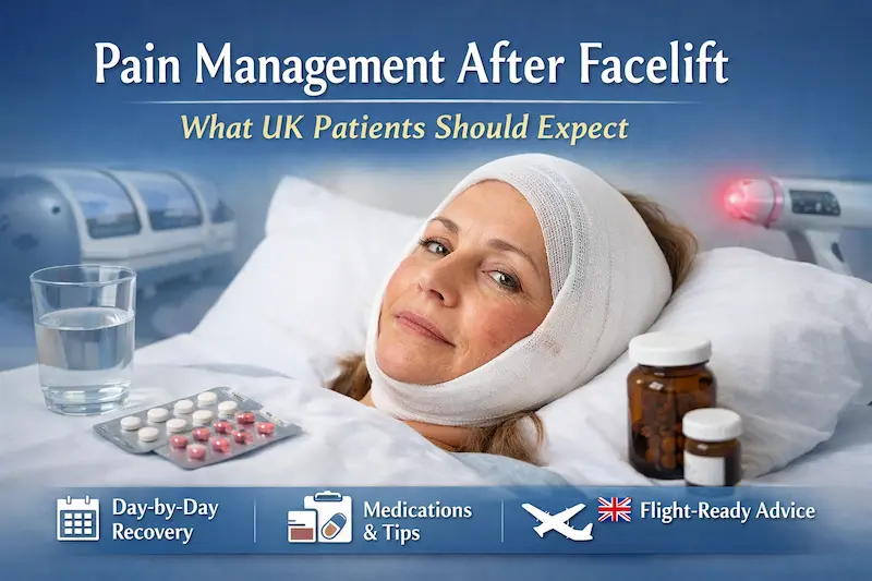 Pain management after facelift cover image showing a UK patient resting with head bandage, medication, and flight-ready recovery advice.