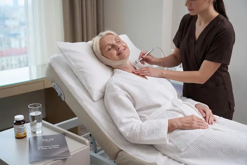 Post-facelift patient resting in a clinic bed while a nurse provides gentle aftercare—their honest recovery experience