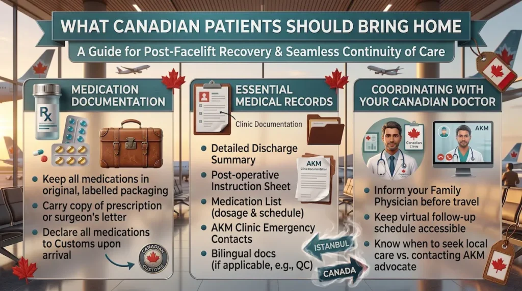 Infographic for facelift pain management showing Canadian patients which medications, records, and doctor contacts to bring home.