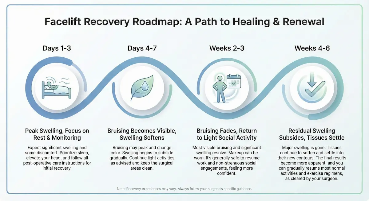 Facelift recovery timeline showing days 1–3, days 4–7, weeks 2–3, and weeks 4–6 milestones.