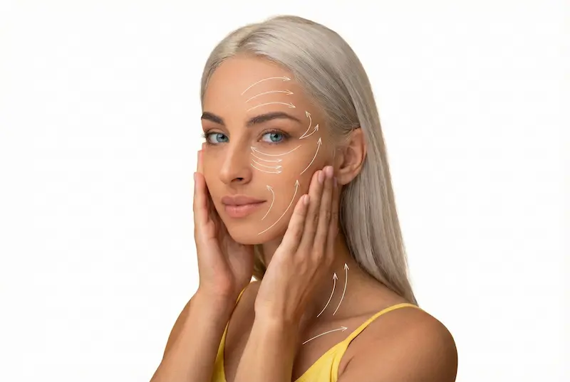 Woman with facelift lift-vector markings illustrating facelift recovery time and how to speed up facelift recovery with surgeon-guided aftercare.