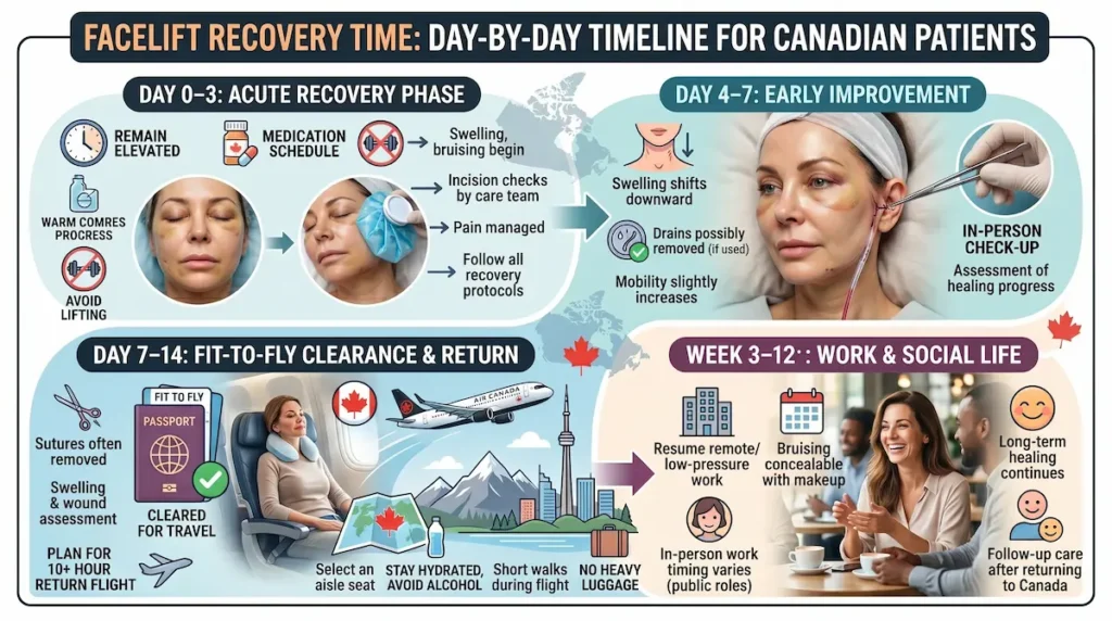 Facelift Recovery Timeline and Aftercare: day-by-day healing, fit-to-fly clearance, and follow-up care for Canadian patients.