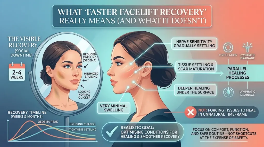 Speed up facelift recovery explained: visible recovery timeline, swelling (oedema) and bruising changes, and safe healing expectations.
