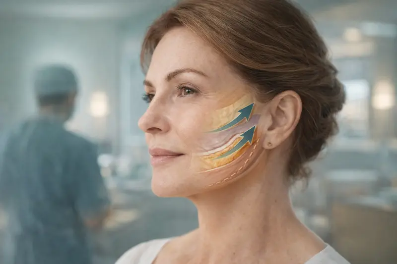 Facelift surgery visual showing deep tissue lifting (SMAS layer) with upward vectors to improve jawline and neck contour naturally.