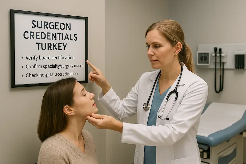Facelift Surgeon Credentials Turkey — female doctor examining a patient in a consultation room beside a poster explaining how to verify surgeon credentials.