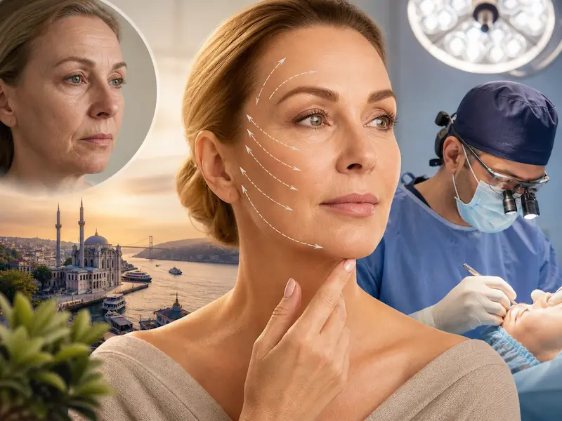 Facelift Surgery in Turkey showing facial lift markings, surgeon-led care, and Istanbul treatment setting for Canadian patients.