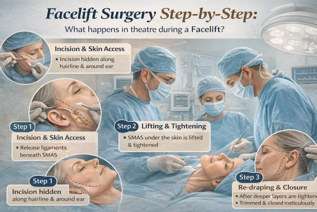 Facelift surgery step-by-step infographic showing incision and skin access, SMAS lifting and tightening, and re-draping with meticulous closure.