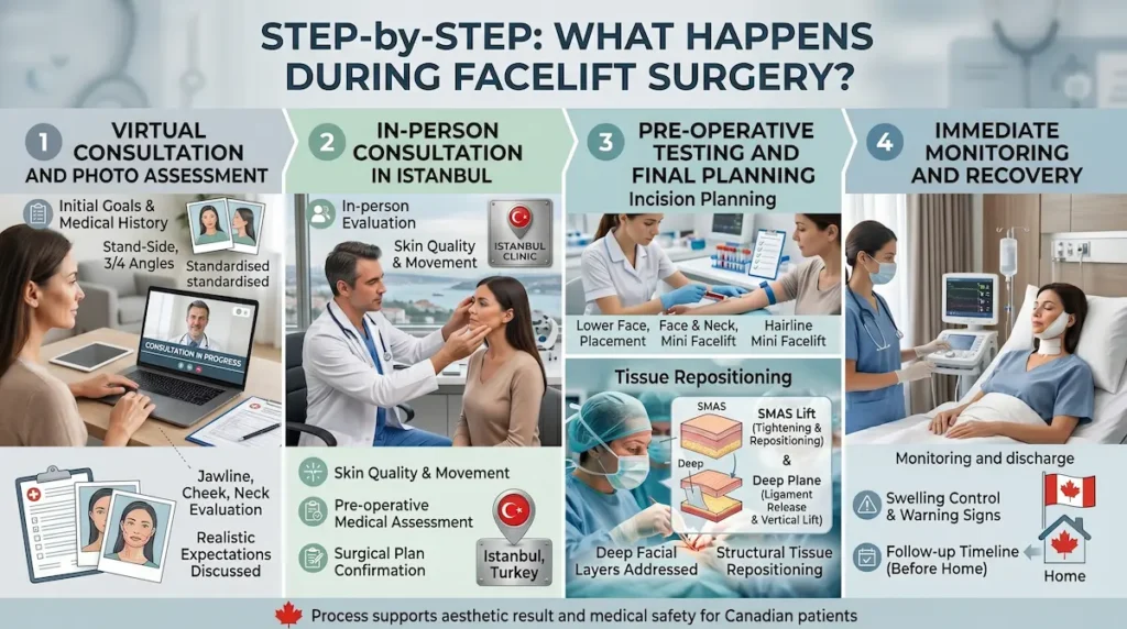 Facelift Surgery Step by Step: consultation, testing, tissue repositioning, and monitored recovery for Canadian patients in Istanbul.