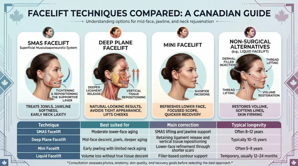 Facelift Surgery Techniques Compared: SMAS, deep plane, mini, and non-surgical facelift options for Canadian patients.