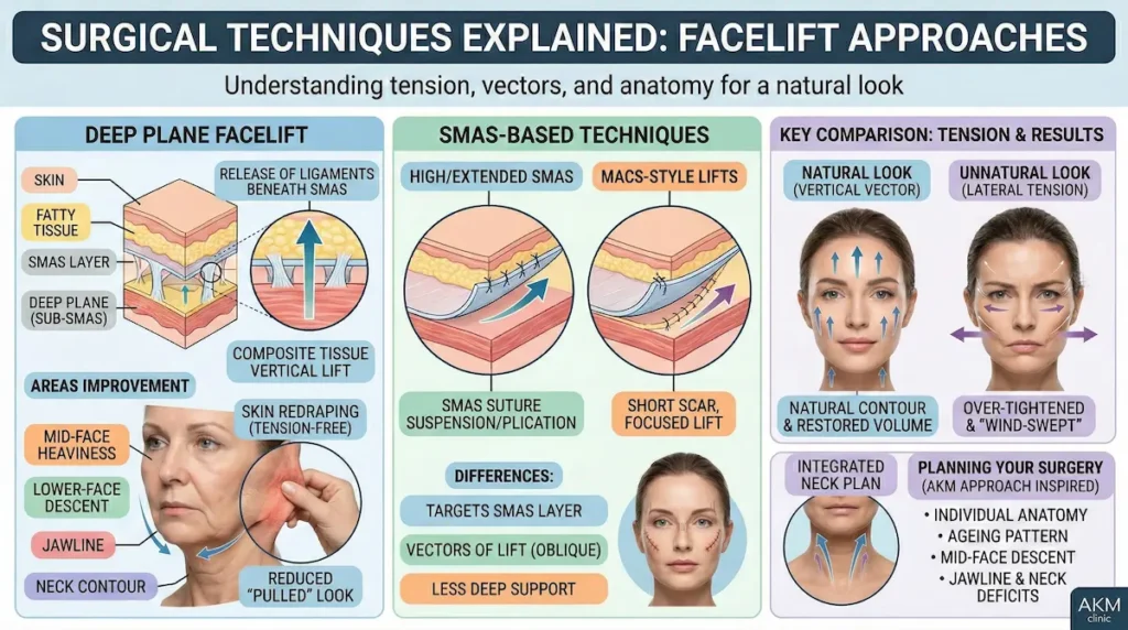 Facelift surgical techniques infographic comparing Deep Plane and SMAS-based lifts, showing tension vectors, natural vs over-tight results, and neck planning.