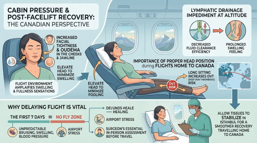 Infographic explaining cabin pressure risks and when can you fly after a facelift for Canadian patients flying home.