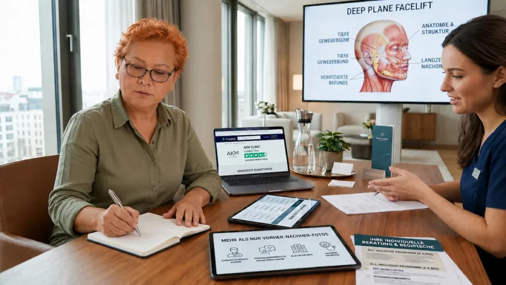 Barbara Deep Plane Facelift Erfahrung – Barbara notiert bei der Beratung Kriterien zu Anatomie, Bewertungen und Nachsorge.