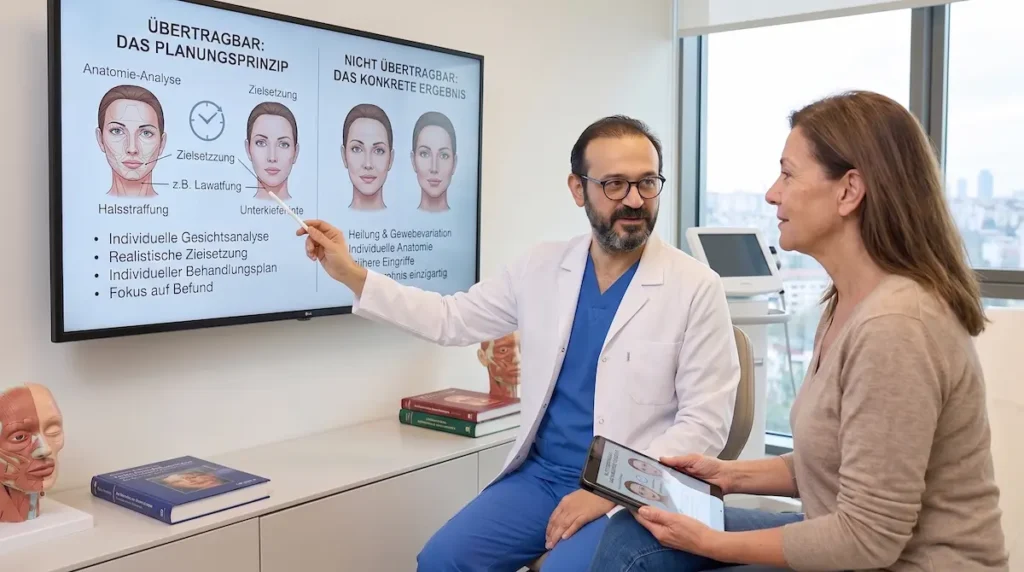 Natürliches Facelift Türkei Fallstudie: ärztliche Beratung zu individuellem Befund, Planungsprinzip und realistischen Facelift-Erwartungen.