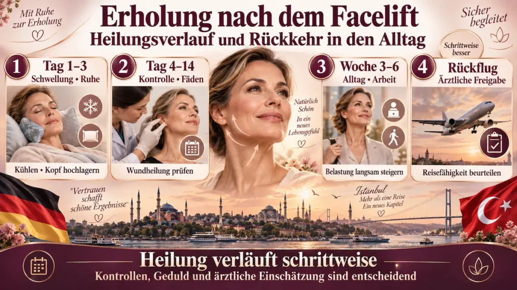 Facelift Türkei: Heilungsverlauf von Tag 1 bis Woche 6 mit Wundkontrollen, Alltag und ärztlicher Freigabe für den Rückflug