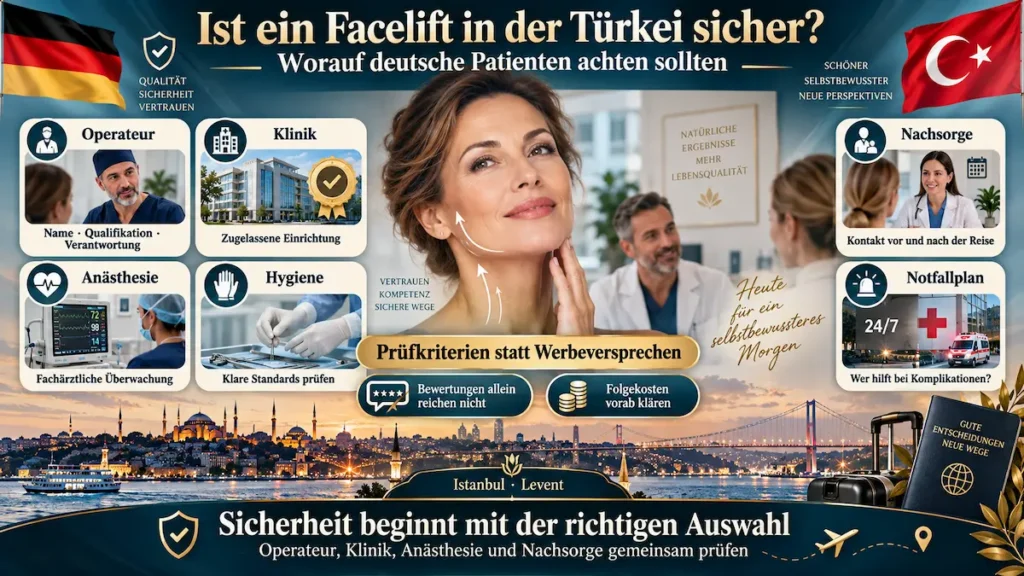 Facelift Türkei: Sicherheitskriterien für deutsche Patienten mit Operateur, Klinik, Anästhesie, Hygiene, Nachsorge und Notfallplan