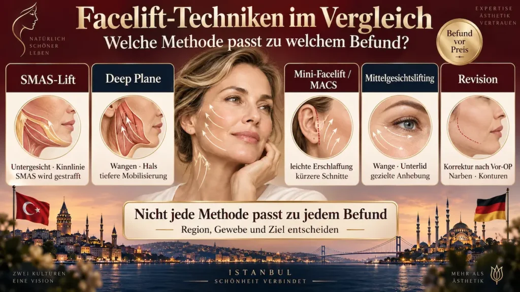 Facelift Türkei: Vergleich von SMAS-Lift, Deep Plane, Mini-Facelift, Mittelgesichtslifting und Revisions-Facelift
