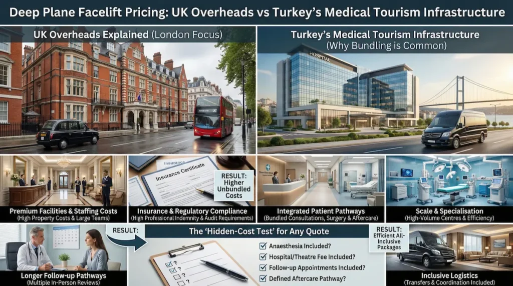 Deep plane facelift cost infographic comparing UK overheads and Turkey’s medical tourism infrastructure, showing unbundled fees, bundled pathways, and the hidden-cost checklist.