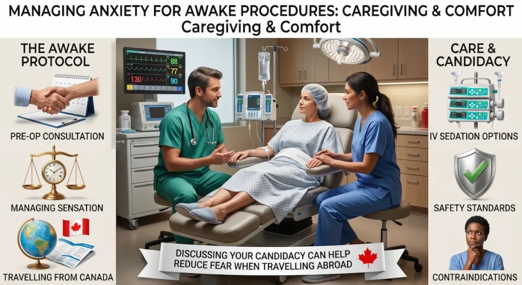 Is an awake facelift painful guide showing a patient discussing anxiety management, IV sedation options, and candidacy before surgery.