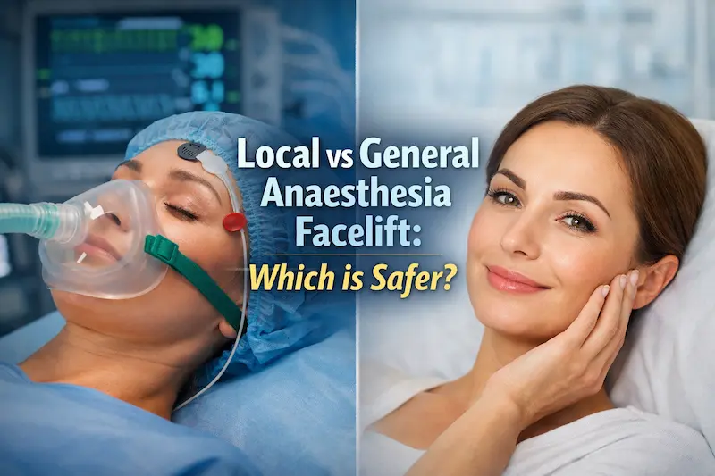Local vs General Anaesthesia Facelift safety comparison cover image showing a patient under anaesthetic monitoring and a natural post facelift result.
