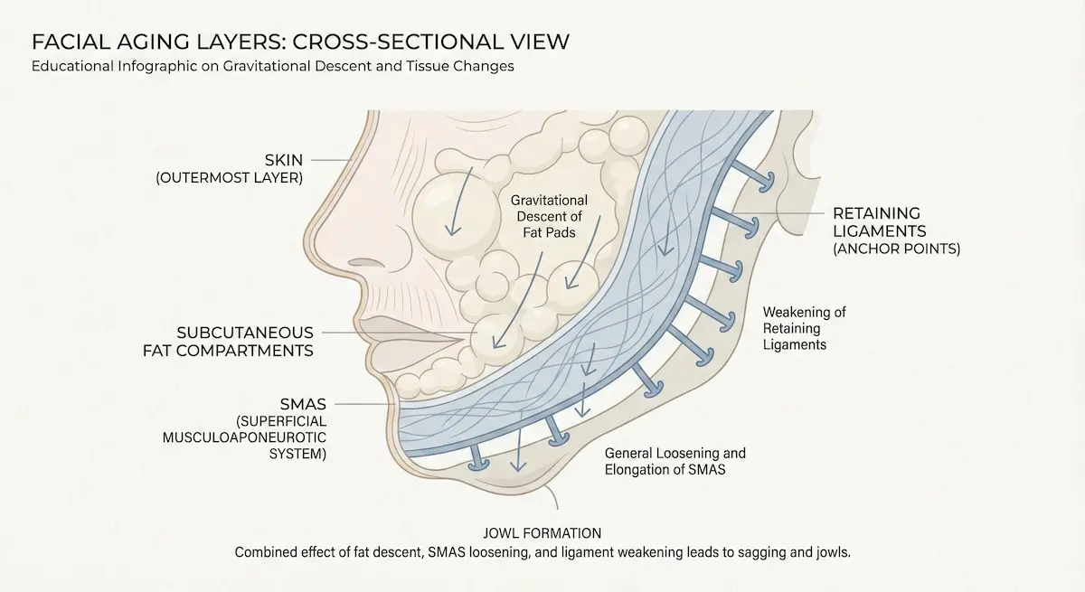 Cross-section diagram of facial layers showing fat pad descent, SMAS loosening, and retaining ligaments weakening.