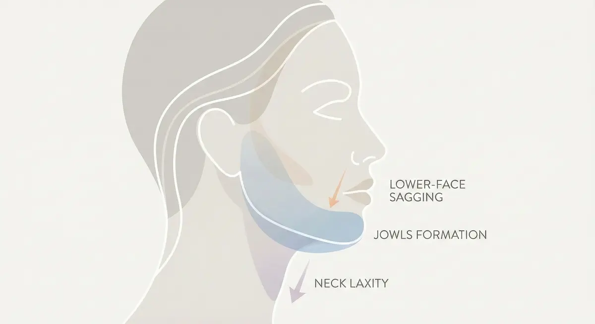 Medical illustration showing the vectors of facial aging, highlighting lower-face sagging, jowl formation, and neck laxity on a female profile.