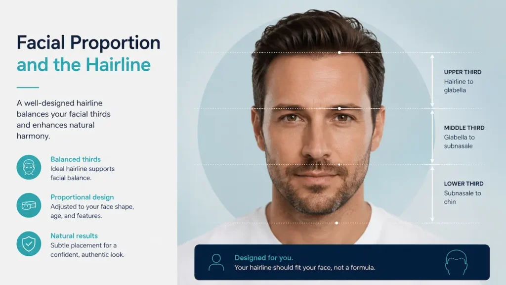 Infographic showing natural hairline design aligned with facial thirds for balanced, age appropriate transplant planning.
