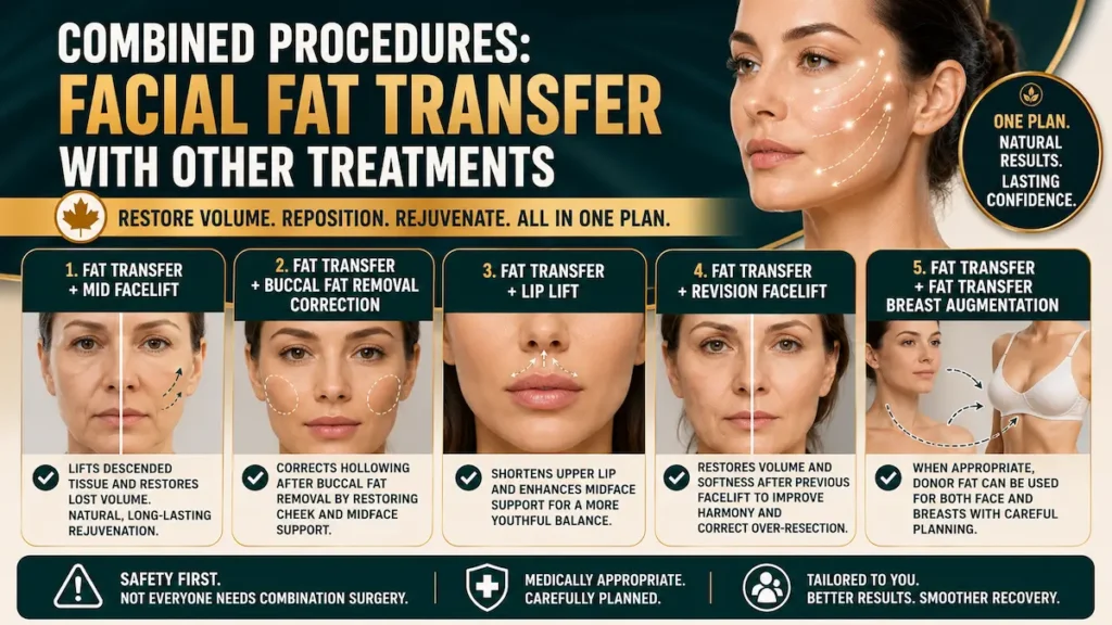 Facial fat transfer combined procedures infographic showing mid facelift, buccal fat correction, lip lift, revision facelift, and breast fat transfer.