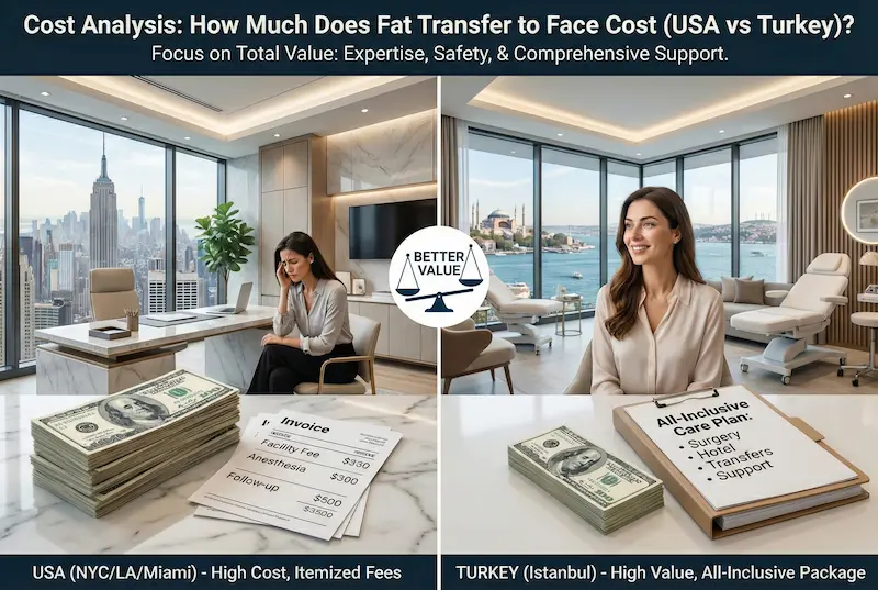 Facial Fat Transfer Cost Turkey comparison graphic showing USA itemized fees vs Istanbul all-inclusive care value.