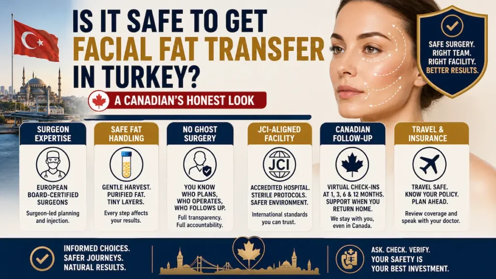 Facial fat transfer in Turkey safety infographic for Canadian patients showing surgeon expertise, JCI-aligned facility, follow-up, and travel planning.