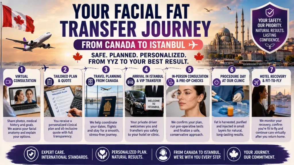 Facial fat transfer journey infographic showing Canadian patients travelling from Canada to Istanbul for consultation, treatment, recovery, and follow-up.