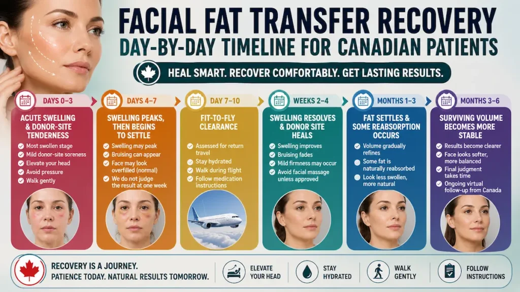 Facial fat transfer recovery infographic showing day-by-day swelling, fit-to-fly timing, and healing stages for Canadian patients.