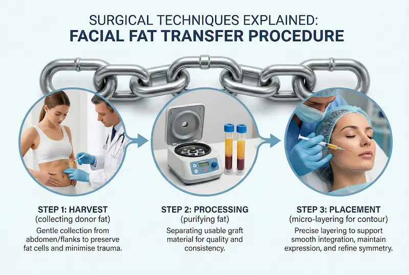 Fat Transfer To Face surgical techniques diagram showing harvest, purification/processing, and micro-layered facial placement.