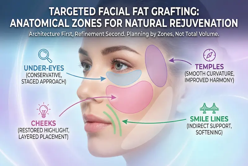 Fat Transfer to Face zones infographic highlighting under-eyes, cheeks, temples, and smile lines for natural rejuvenation.