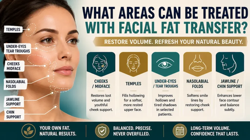 Facial fat transfer infographic showing treatment areas including temples, under-eyes, cheeks, nasolabial folds, jawline, and chin support.