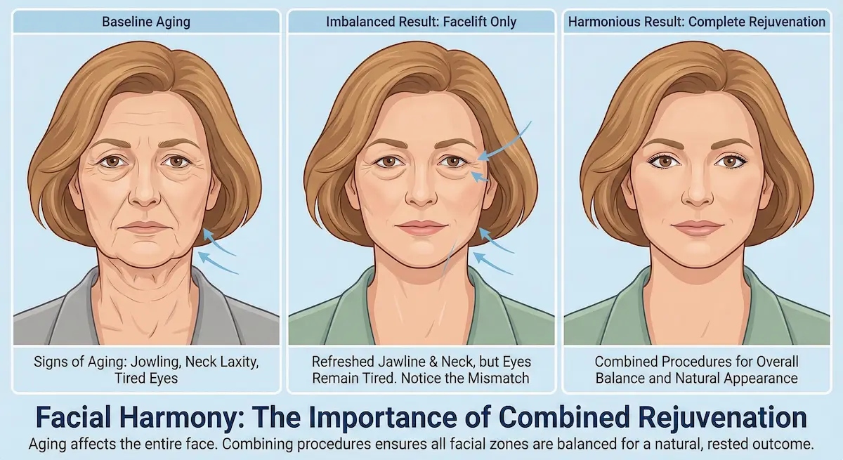Three-panel diagram showing baseline aging, facelift-only mismatch, and balanced results with combined facial rejuvenation.