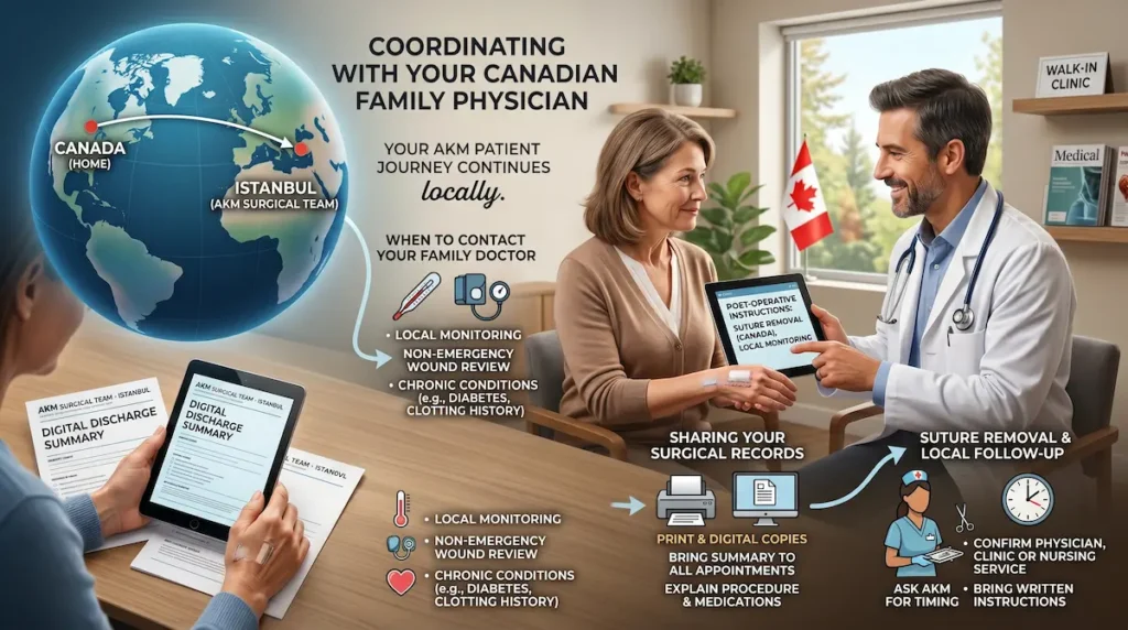 Canadian patient discussing post op care after flying home with a family physician while sharing surgical records and discharge instructions.