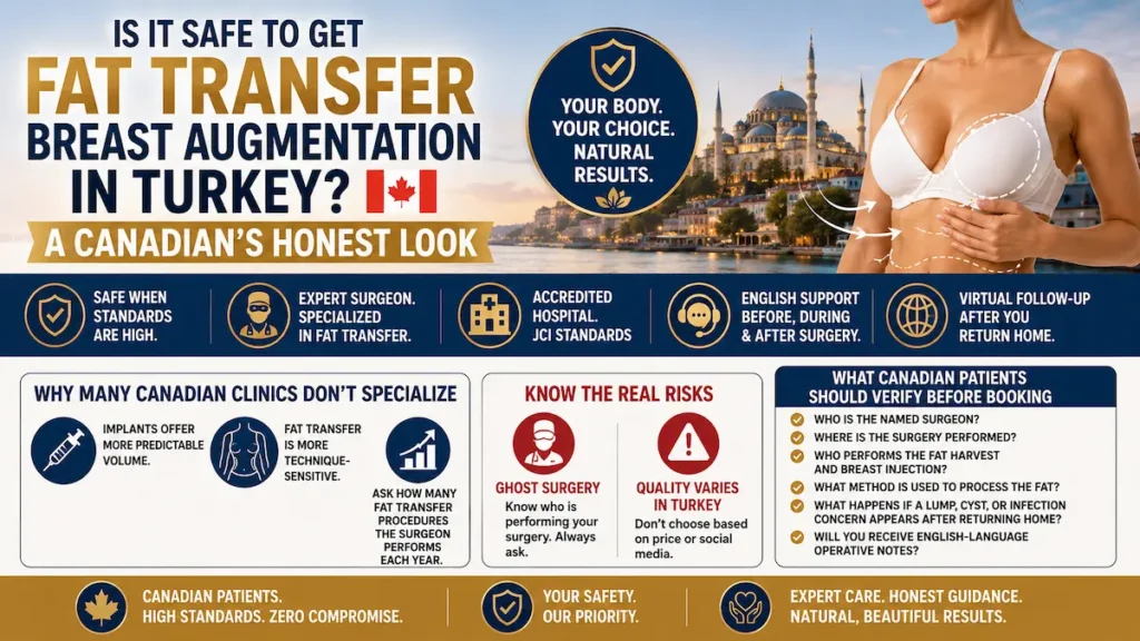 Fat transfer breast augmentation in Turkey safety infographic showing surgeon credentials, accredited hospital care, ghost surgery risks, and Canadian patient checks.