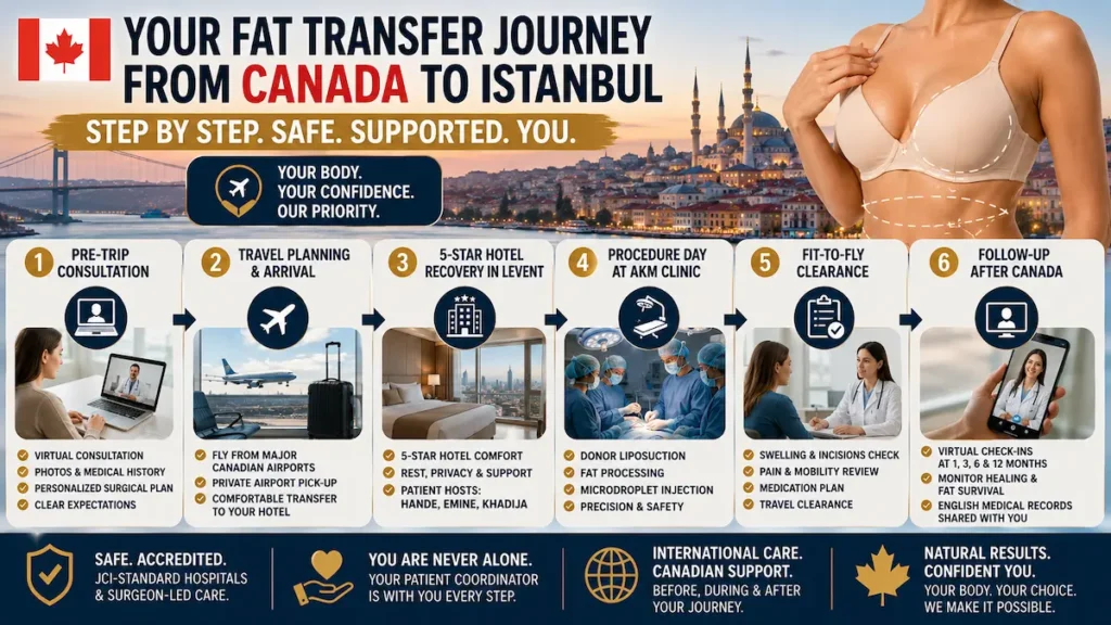 Fat transfer journey from Canada to Istanbul infographic showing consultation, travel planning, hotel recovery, surgery day, fit-to-fly clearance, and virtual follow-up.