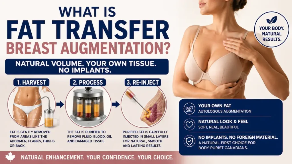 Fat transfer breast augmentation infographic showing harvest, fat processing, and re-injection for natural breast volume.