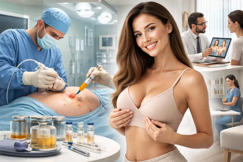 Fat Transfer Breast Augmentation procedure in a modern clinic, showing purified fat injection and treatment planning for natural breast enhancement.