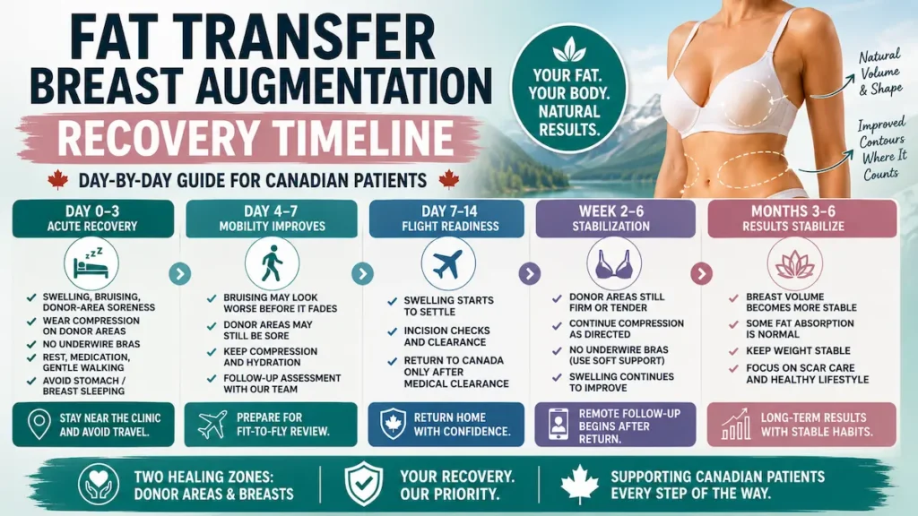 Fat transfer breast augmentation recovery timeline infographic showing day 0 to month 6 healing stages for Canadian patients.