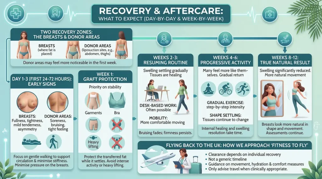 Fat Transfer Breast Augmentation recovery timeline infographic showing day-by-day healing, aftercare, and fitness to fly