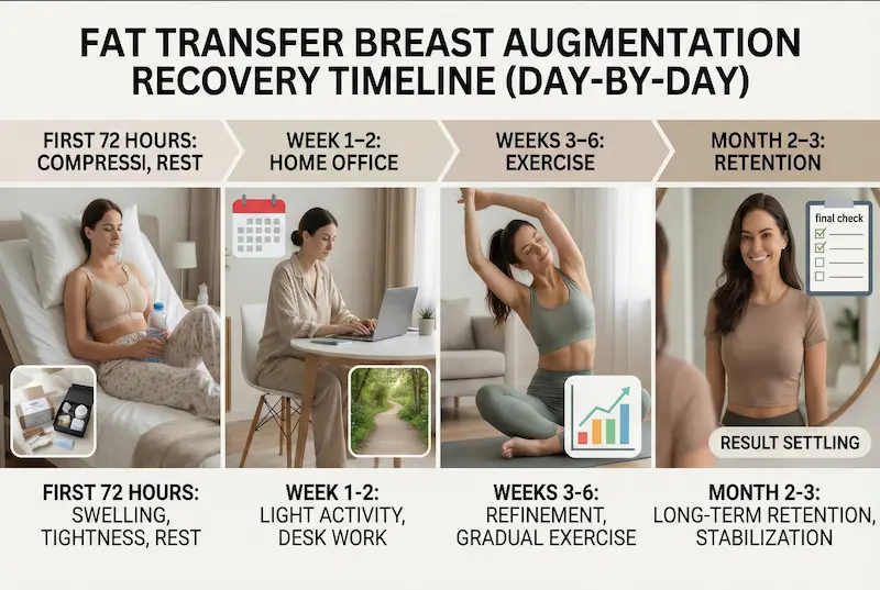 Fat Transfer Breast Augmentation recovery timeline infographic showing first 72 hours, weeks 1–2, weeks 3–6, and months 2–3 results settling.