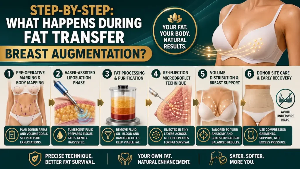 Fat transfer breast augmentation surgery infographic showing marking, VASER liposuction, fat processing, microdroplet re-injection, and recovery care.