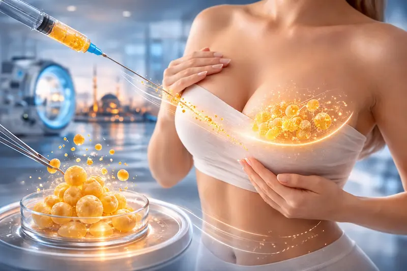 Fat Transfer Breast Augmentation concept showing purified fat grafting to enhance natural breast volume in clinic