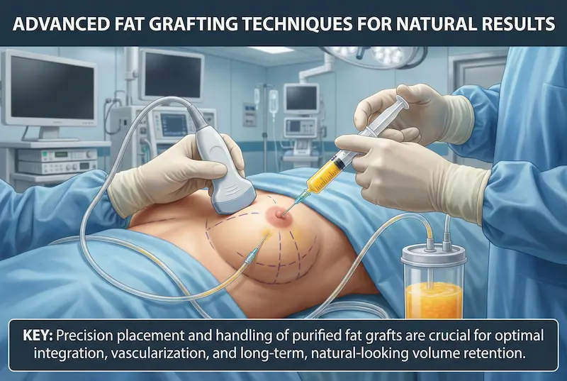 Fat Transfer Breast Augmentation surgical techniques illustration showing precise injection of purified fat for natural volume retention.