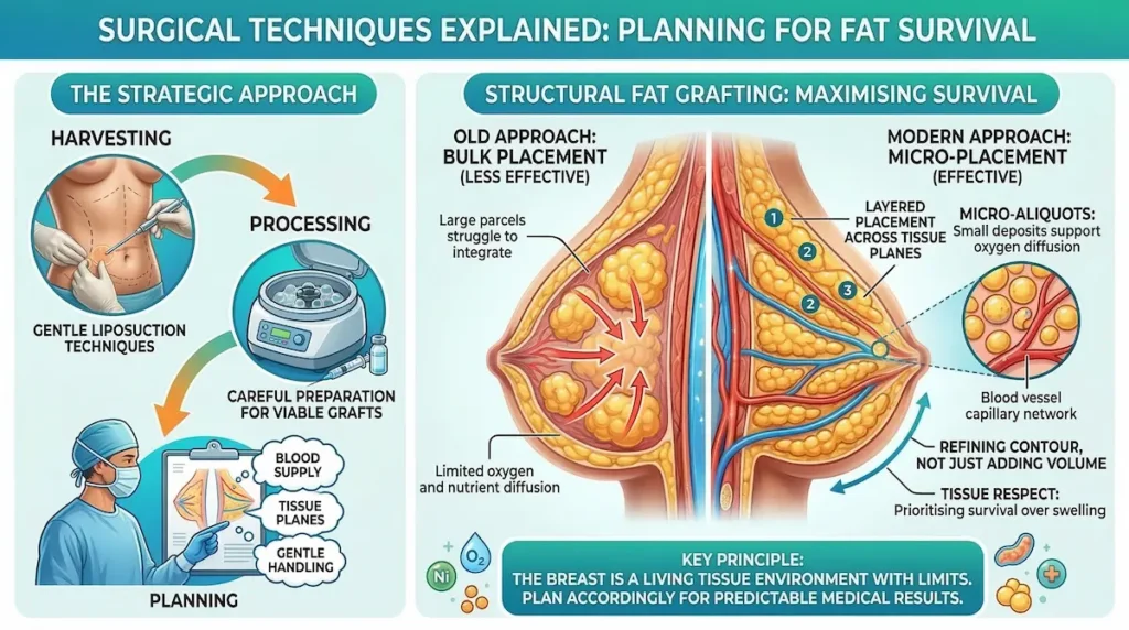 Fat Transfer Breast Augmentation techniques infographic showing structural fat grafting and micro-placement for survival